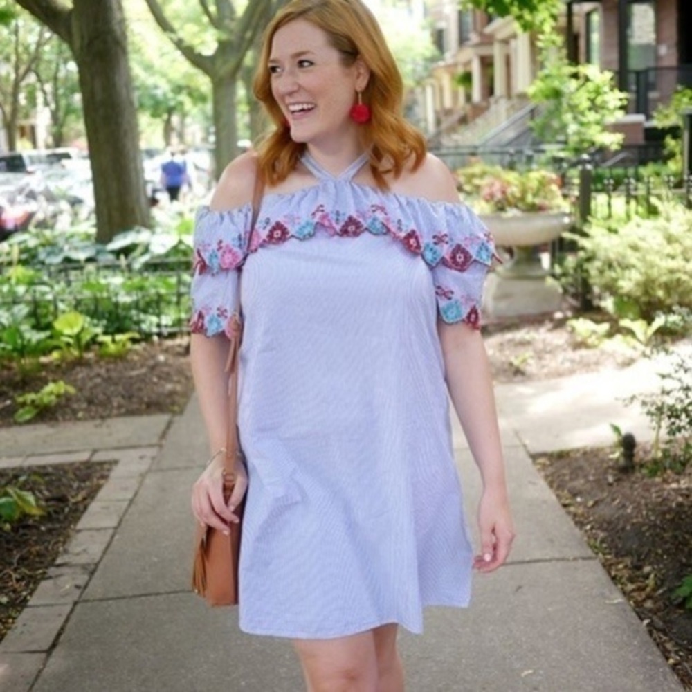Ann Taylor Embroidered Striped Fiesta Dress Size XS Off The Shoulder Blogger Fav